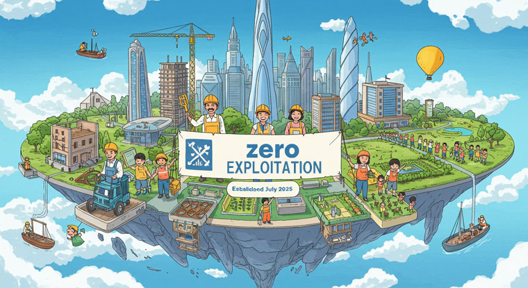 "労働資本主義経済研究所の未来都市イラスト。笑顔の労働者と子どもが手をつなぎ、未来的な高層ビルと緑豊かな公園が広がる。中央に「搾取ゼロ」のバナーと「2025年6月28日設立」の文字。