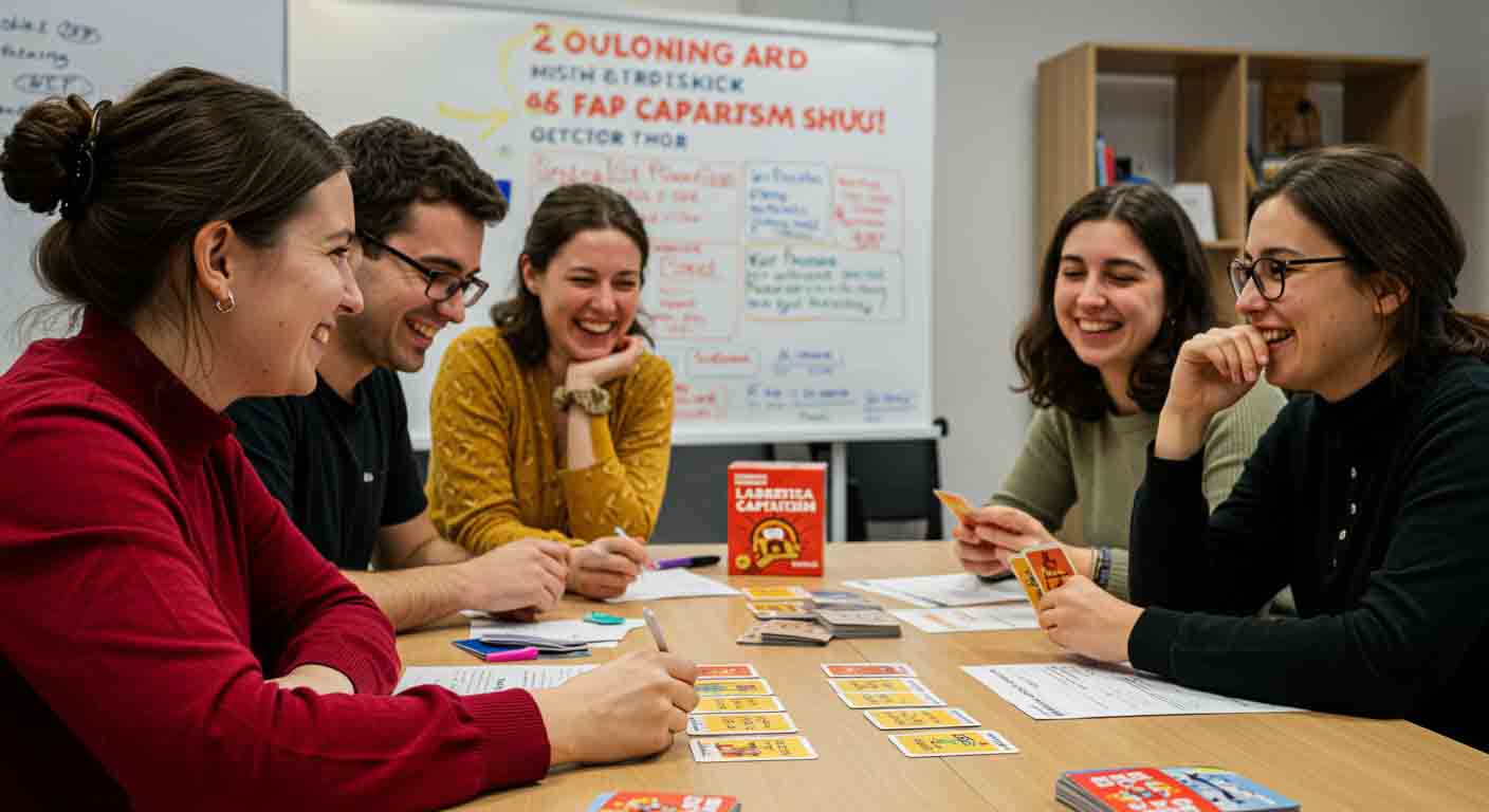 数人でカードゲームで遊びながら経済を学んでいる